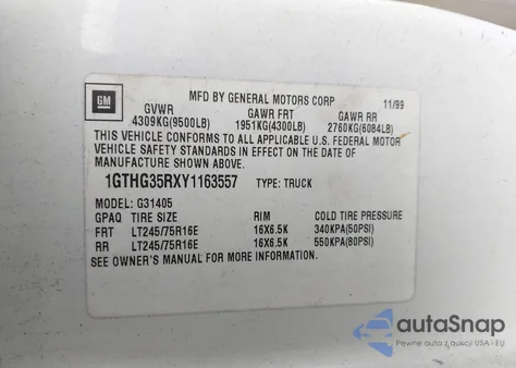 2000 GMC Savana Standard z USA, uszkodzony, nr VIN 1GTHG35RXY1163557